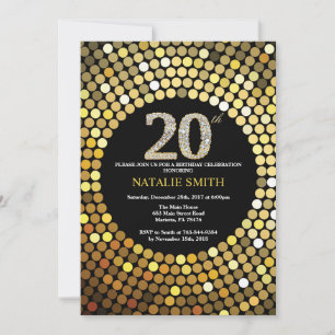 20e verjaardag Uitnodiging zwart en goudglitter