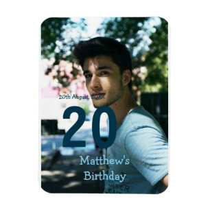 20e verjaardag voeg naam foto datum man blauw wit  magneet
