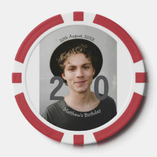 20e verjaardag voeg naam foto datum man blauw wit  poker chips