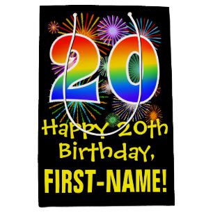 20e verjaardag: Vuurwerk Fun Pattern + Regenboog 2 Medium Cadeauzakje