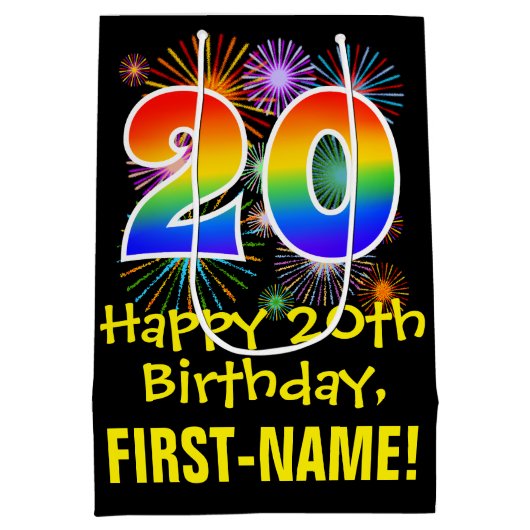 20e verjaardag: Vuurwerk Fun Pattern + Regenboog 2 Medium Cadeauzakje (Achterkant)