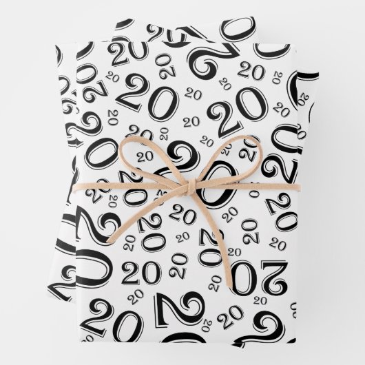 20e verjaardag zwart/wit Random Number Pattern Inpakpapier Vel (In situ)