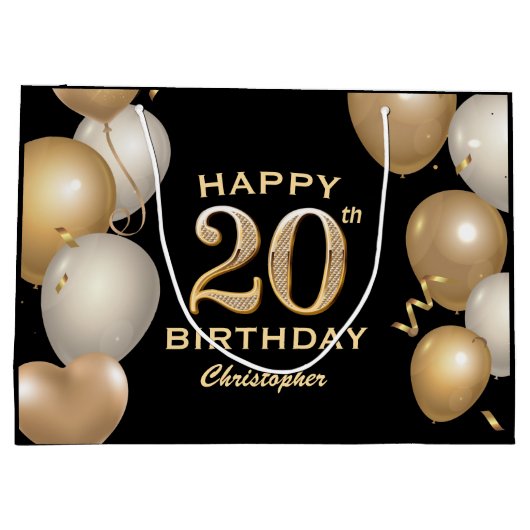 20e verjaardag Zwarte en gouden ballonnen Groot Cadeauzakje (Achterkant)