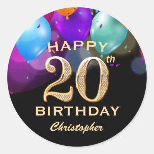 20e verjaardag Zwarte en gouden ballonnen Ronde Sticker