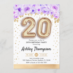 20e verjaardagsfeestje - gouden ballonnen Paarse Kaart