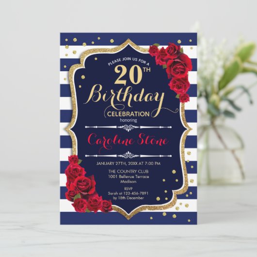 20e Verjaardagsuitnodiging Navy White Stripes Roze Kaart (Staand voorkant)