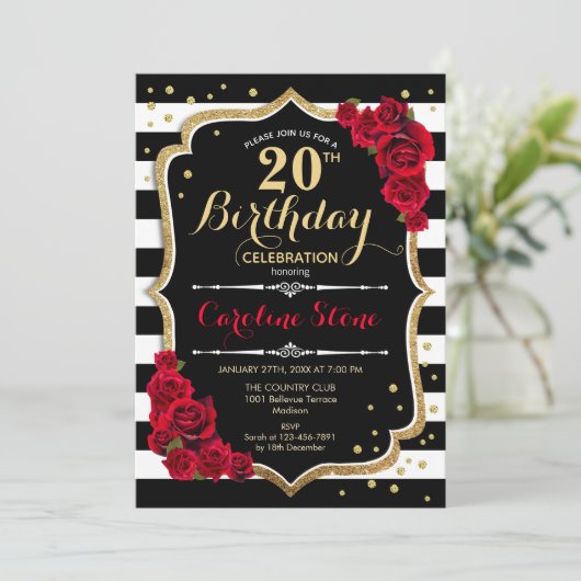 20e Verjaardagsuitnodiging Zwart Wit Strepen Rozen Kaart (Staand voorkant)