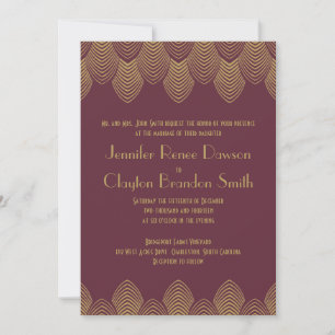  20s Art Deco Scallop Burgundy Gold Wedding Kaart
