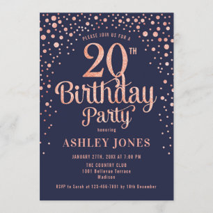 20ste verjaardagsfeestje - Navy & Roos Gold Kaart