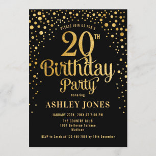 20ste verjaardagsfeestje - Zwart & Goud Kaart