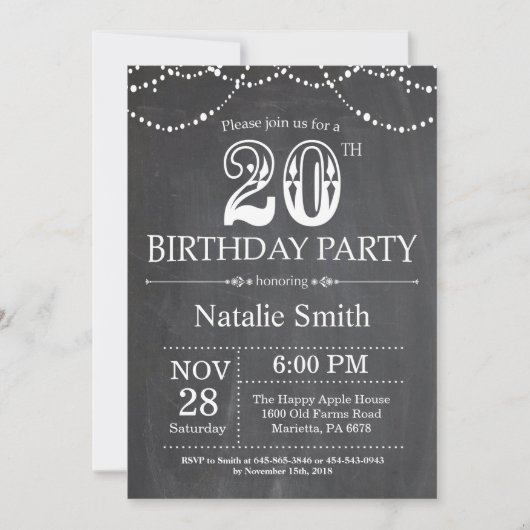20th Birthday Invitation Chalkboard String Lights Kaart (Voorkant)