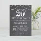 20th Birthday Invitation Chalkboard String Lights Kaart (Staand voorkant)