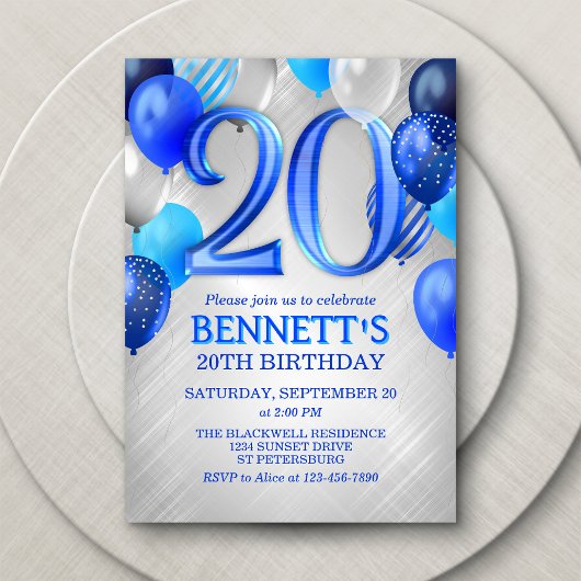 20th Mens Blue Anniversaire Invitation