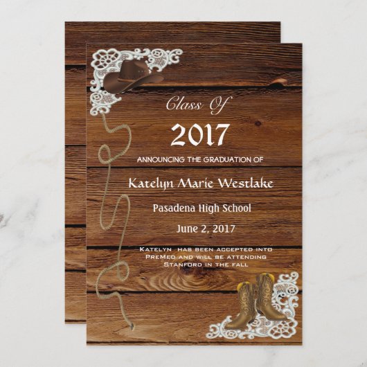20XX Faire-part de graduation en bois, bottes et d (Devant / Derrière)