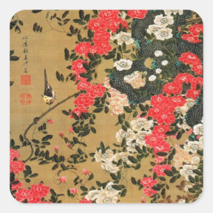 21. 薔 禽 図, 若 Rozen en kleine vogels, Jakuchu Vierkante Sticker