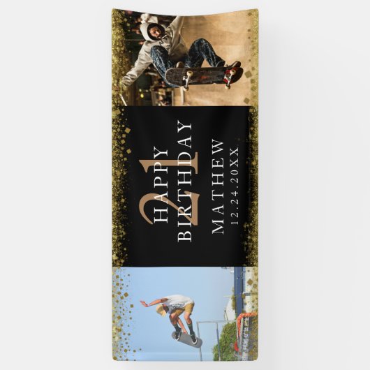 21 e verjaardag zwarte & gouden feestbanner spandoek (Verticaal)