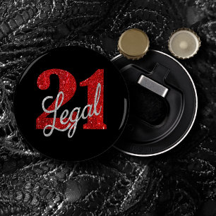 21 en juridische   Rode faux glitter 21e verjaarda Button Flesopener