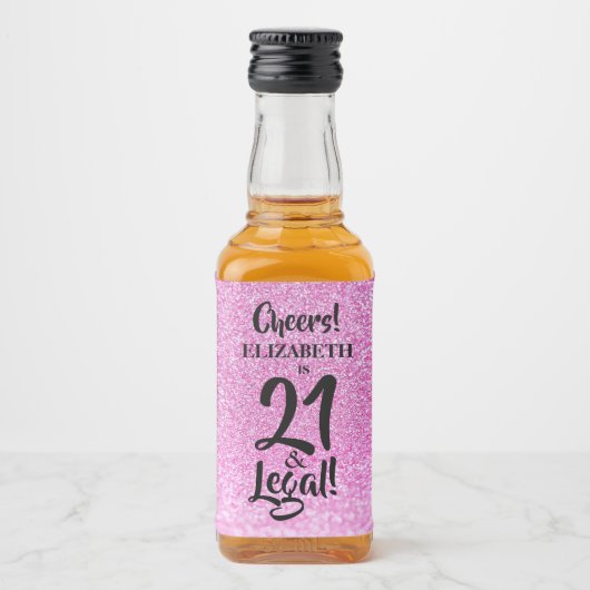 21 en Juridische Roze Faux Glitter Custom Mini Likeurfles Etiket (Voorkant)