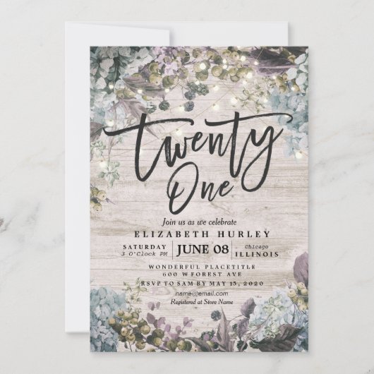 21 Floral String Lights Rustic Wood op geboortedag Kaart (Voorkant)