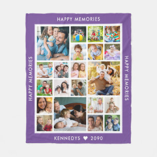 21 Foto Collage Familie Naam Herinneringen Paars Fleece Deken