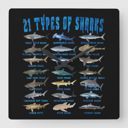 21 soorten haaiensoorten vierkante klok (Voorkant)