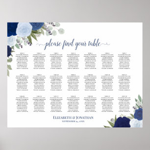21 Tabel Blauwe Boho Floral Wedding Seating Chart Poster