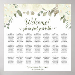 21 Tabel Ivory White Roses Wedding Seating Chart Poster