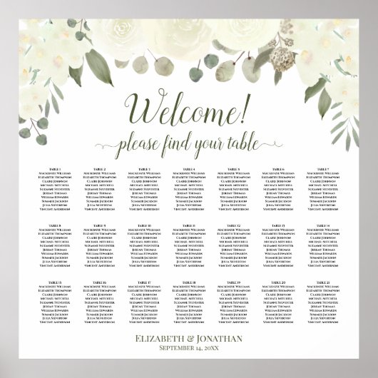 21 Tabel Ivory White Roses Wedding Seating Chart Poster (Voorkant)