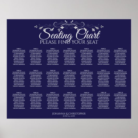 21 Tabel Simple Navy Blue Wedding Seating Chart Poster (Voorkant)