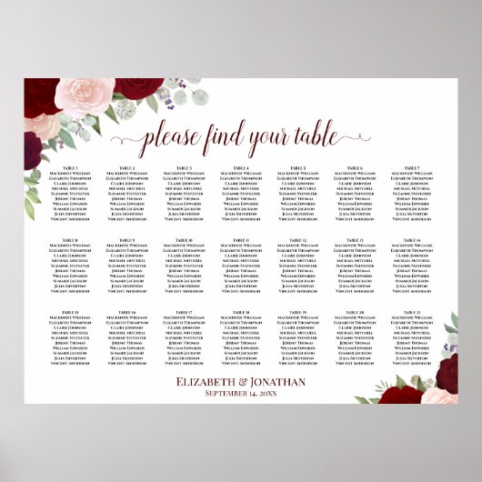 21 Tableau Burgundy Blush Boho Floral Seating Char (Devant)