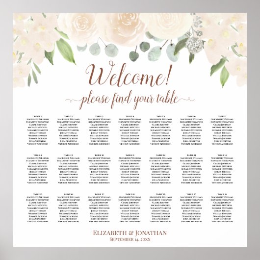 21 Tafel Blush Peach Rozen Wedding Seating Chart Poster (Voorkant)
