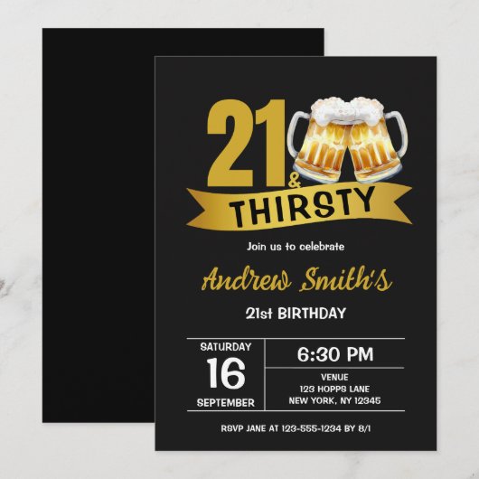21 & THIRSTY-21ST BIRTHDAY INVITATION (Devant / Derrière)