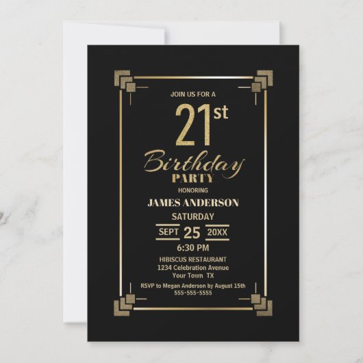 21e anniversaire Black and Gold Party Invitation (Devant)