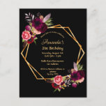 21e anniversaire burgundy or noir invitation<br><div class="desc">Devant : Une invitation pour une soirée élégante de 21ème anniversaire. Un arrière - plan noir chic avec un cadre géométrique en faux or. Décoré de fleurs bordeaux foncé et rose aquarelle, de plumes roses et boho. Modèles pour un nom et les détails de la fête. Le nom est écrit...</div>