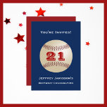 21e anniversaire de fête Invitation Baseball<br><div class="desc">Un baseball sur un arrière - plan bleu foncé décore cette invitation unique et amusante de 21e anniversaire de célébration. Le verso comporte des lettres blanches sur un arrière - plan rouge. Vous pouvez facilement modifier le texte pour le nom, l'âge, l'événement, la date, etc. Les amateurs de sport apprécieront...</div>