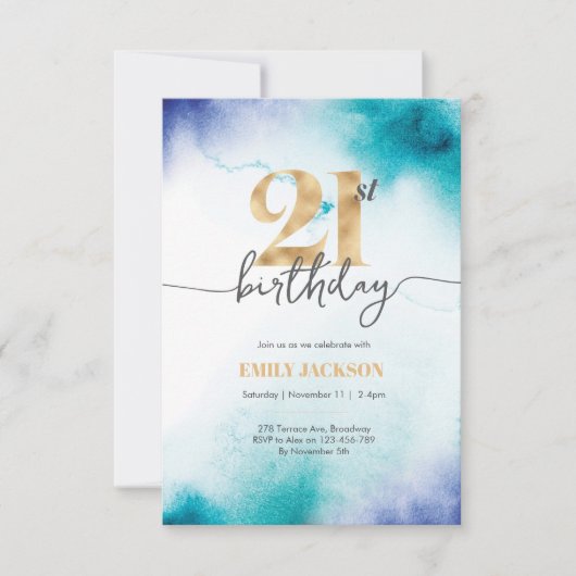 21e anniversaire Eau turquoise invitation or (Devant)