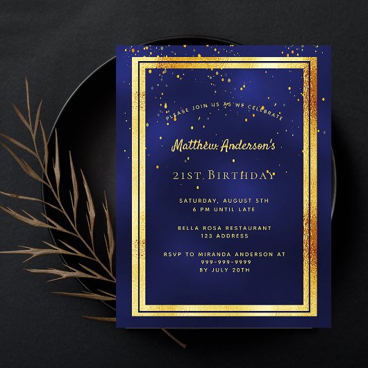 21e anniversaire fête bleu or brillant invitation