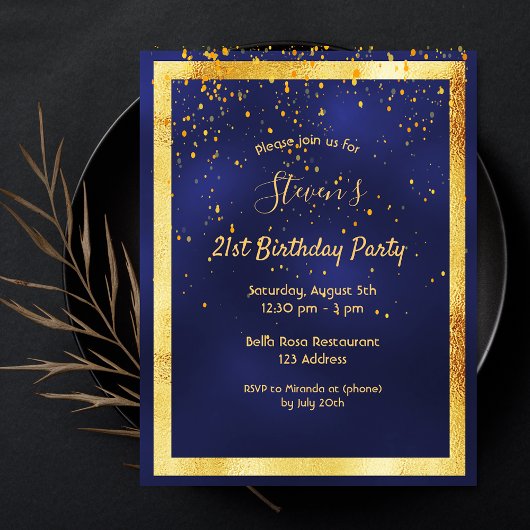 21e anniversaire fête bleu or confetti invitation