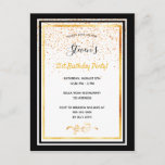 21e anniversaire fête noir blanc or invitation<br><div class="desc">Une carte d'invitation à la fête d'anniversaire pour un 21ème anniversaire pour les hommes et les femmes. Modèles pour vos informations. Cadres noirs et faux or et pluie de confettis dorés. Elégant arrière - plan blanc, lettres noires et dorées. Le nom est écrit avec un script de style moderne écrit...</div>