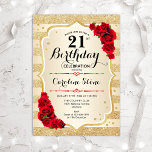 21e anniversaire - Gold Stripes Invitation Rose<br><div class="desc">Invitation du 21e anniversaire. Design élégant en or et rouge. Comprend des bandes d'or de parties scintillant fausse,  des roses rouges police de caractères stylisés et des confettis. Parfait pour une fête d'anniversaire glam.</div>