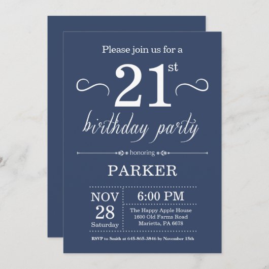 21e anniversaire Invitation Bleu (Devant / Derrière)