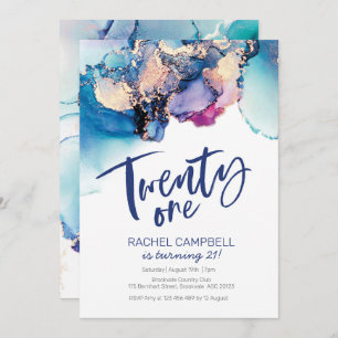21e Anniversaire Invitation Bleu Aquarelle Abstrai