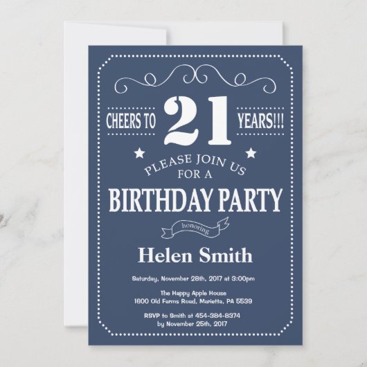 21e anniversaire Invitation Bleu et Blanc (Devant)