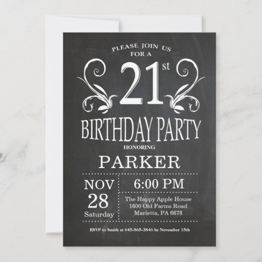 21e anniversaire Invitation Chalkboard Floral (Devant)