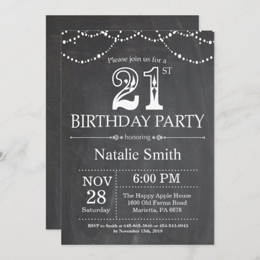 21e anniversaire Invitation Chalkboard lumières à (Devant / Derrière)