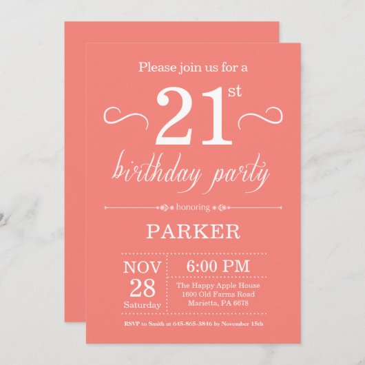 21e anniversaire Invitation Coral (Devant / Derrière)