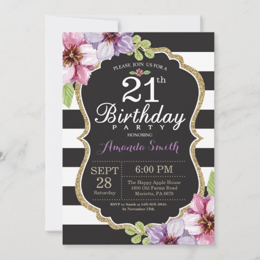21e anniversaire Invitation Femmes. Or floral noir (Devant)