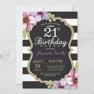 21e anniversaire Invitation Femmes. Or floral noir