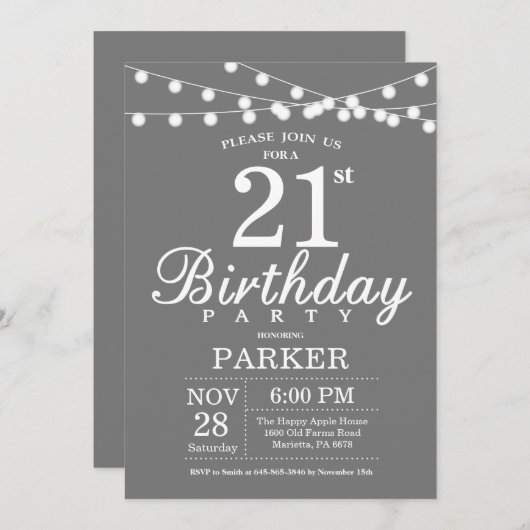 21e anniversaire Invitation Gris et Blanc (Devant / Derrière)