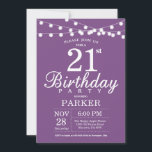 21e Anniversaire Invitation Lavande Violette Lilac<br><div class="desc">21ème anniversaire Invitation avec lumières à cordes. Arrière - plan Lavender Violet Lilac. Femme Lady Élégante anniversaire Invitation. 13ème 15ème 16ème 18ème 20ème 21ème 30ème 40ème 50ème 60ème 70ème 80ème 90ème 100ème, Tout âge. Pour plus de personnalisation, cliquez sur le bouton "Customiser" et utilisez notre outil de conception pour modifier...</div>